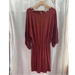 Max Studio Rust Red Tie Back Balloon Sleeve Smocked Waist Midi Dress Women S NWT